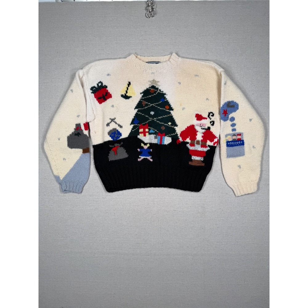 Vintage Hand Knit Christmas Sweater Santa Fireplace Tree 3D Pockets Cream Small